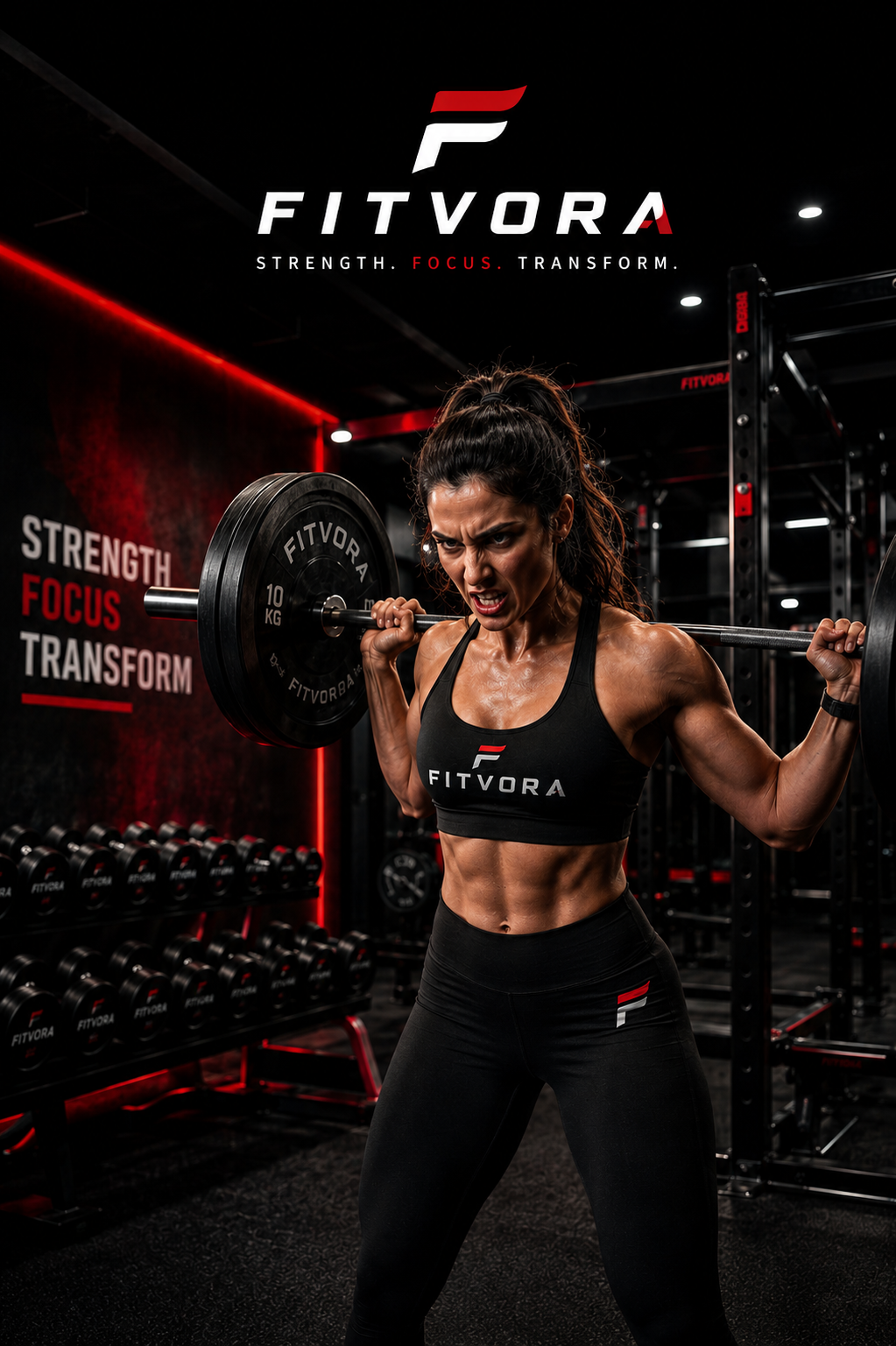 Aggressive woman lifting barbell